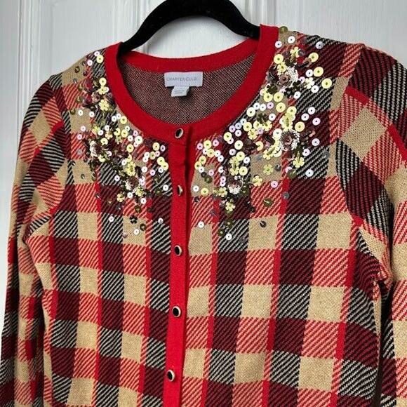 Charter Club Cardigan Sweater Womens Small Red Black Gold Plaid Sequin Holiday - Picture 2 of 7